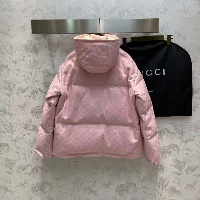 Gucci Women GG Cotton Canvas Puffer Jacket Light Pink GG Lined Interlocking G Two Front Pockets