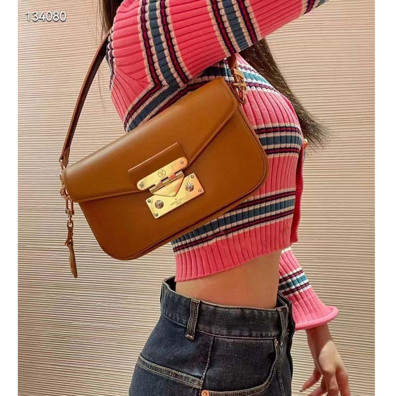 Louis Vuitton LV Women Swing Brown Calfskin Leather Monogram Canvas S Lock