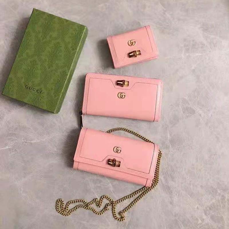 Gucci Women Gucci Diana Card Case Wallet Double G Pink Leather