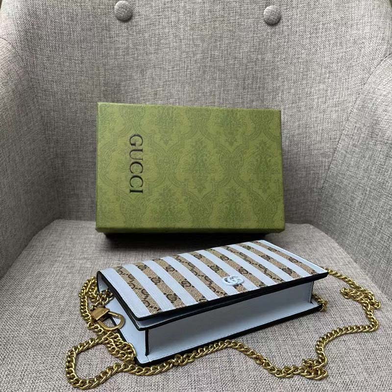 Gucci Women Double G Mini Bag Chain Blue Stripe Print Beige Ebony GG Supreme Canvas