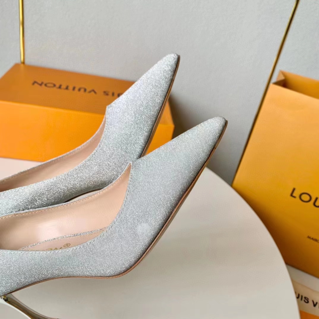 Louis Vuitton LV Women Blossom Pump Silver Textile Leather 9.5 CM Monogram Flower Heel