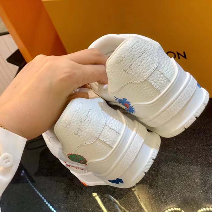 Louis Vuitton Unisex LV x YK LV Trainer Sneaker White Printed Grained Calf Leather Monogram Flowers