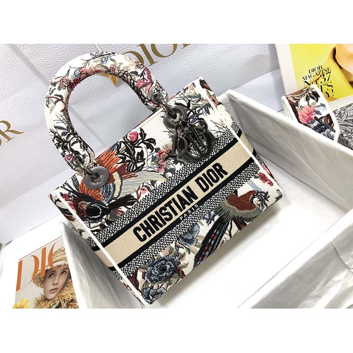 Dior Women CD Medium Lady D-Lite Bag Latte Multicolor Dior Jardin D’Hiver Embroidery