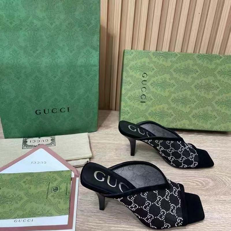 Gucci Women GG Sandal Black Mesh GG Crystals Square Toe Mid-Heel