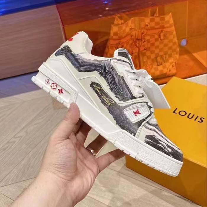 Louis Vuitton Unisex LV Trainer Sneaker Black Printed Calf Leather Rubber Outsole Initials