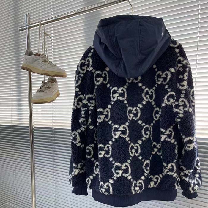 Gucci Women GG Fuzzy Fabric Jacquard Jacket Fixed Hood Drawstring Long Sleeves Front Patch Pocket