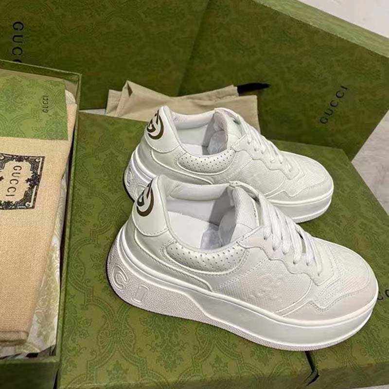 Gucci Unisex GG Embossed Sneaker White Smooth Leather Lace Up Flat