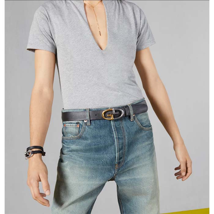 Gucci Unisex Belt Two-Toned Metal GG Buckle Black Leather 3.3 CM Width