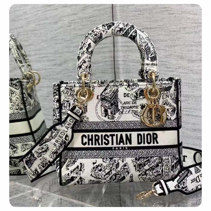 Dior Women CD Medium Lady D-Lite Bag White Black Plan De Paris Embroidery