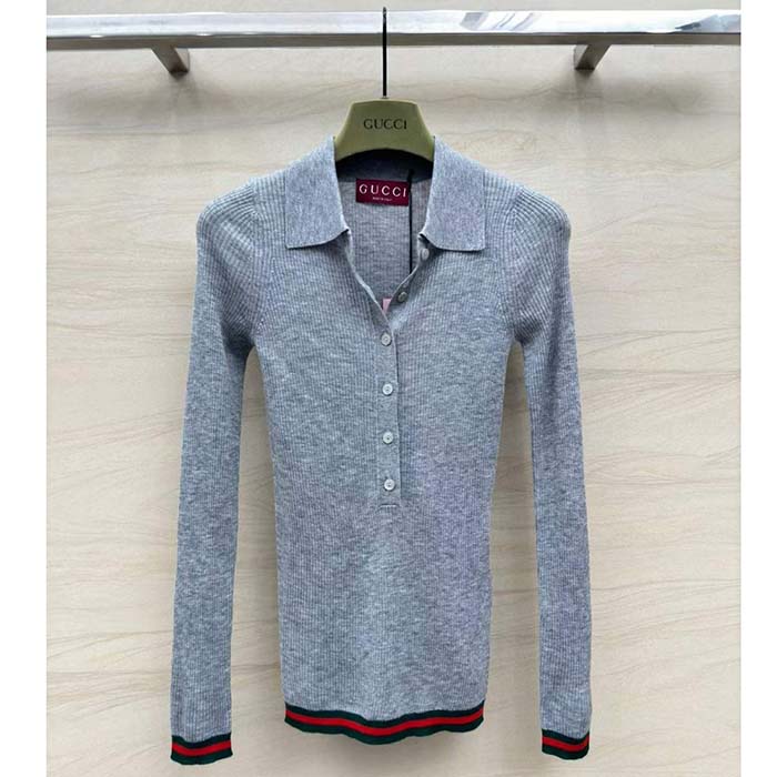 Gucci Women GG Extra Fine Rib Cashmere Knit Top Grey Silk Polo Neck