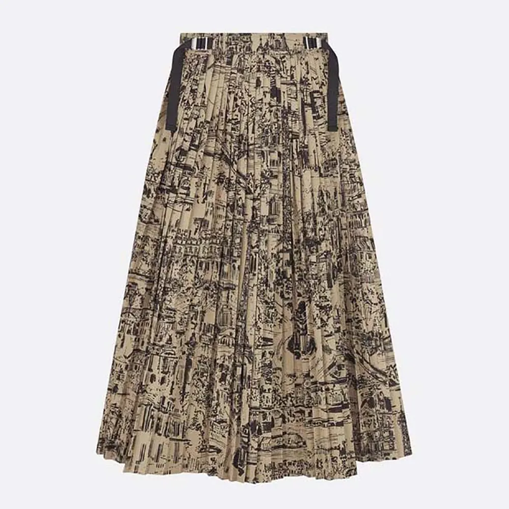 Dior Women Pleated Mid-Length Skirt Beige and Black Cotton Gabardine with Paris Allover Motif
