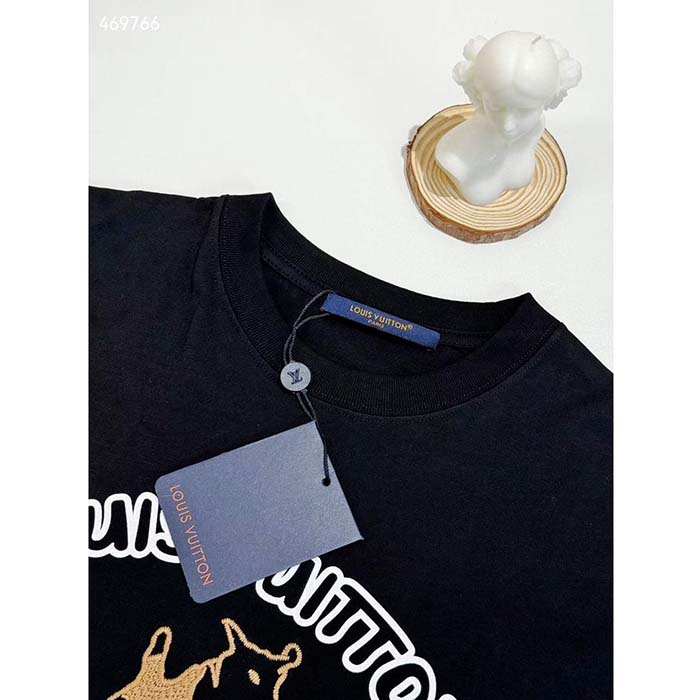 Louis Vuitton Men LV Embroidered Cotton T-Shirt Regular Fit Black 1AFQ67