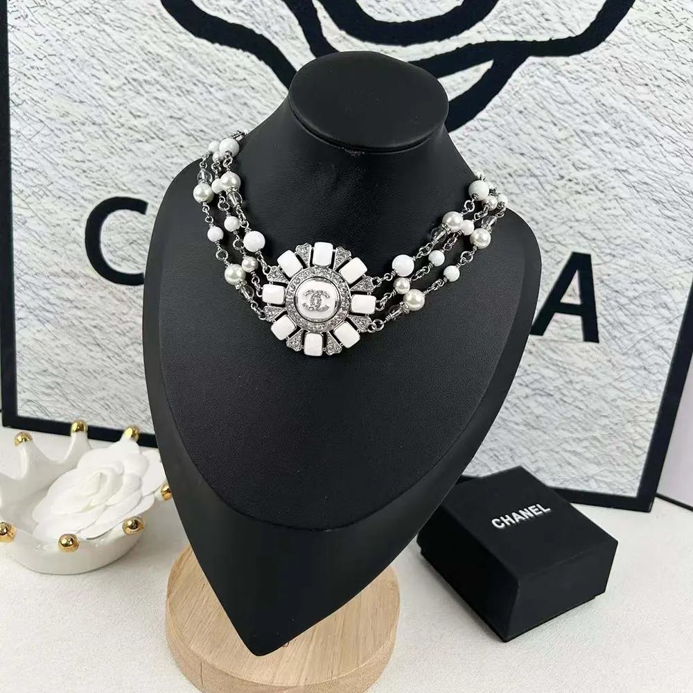 Chanel Women Choker Metal Resin Glass Pearls Natural Stones Strass