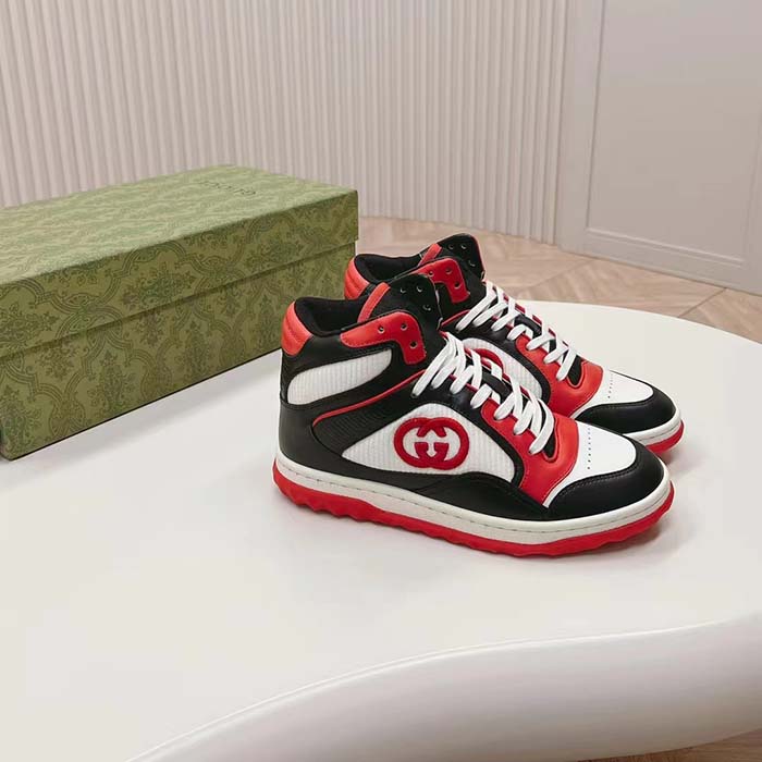 Gucci Unisex Mac80 High Top Sneaker Off Black Red Leather Round Toe Rubber Sole Flat