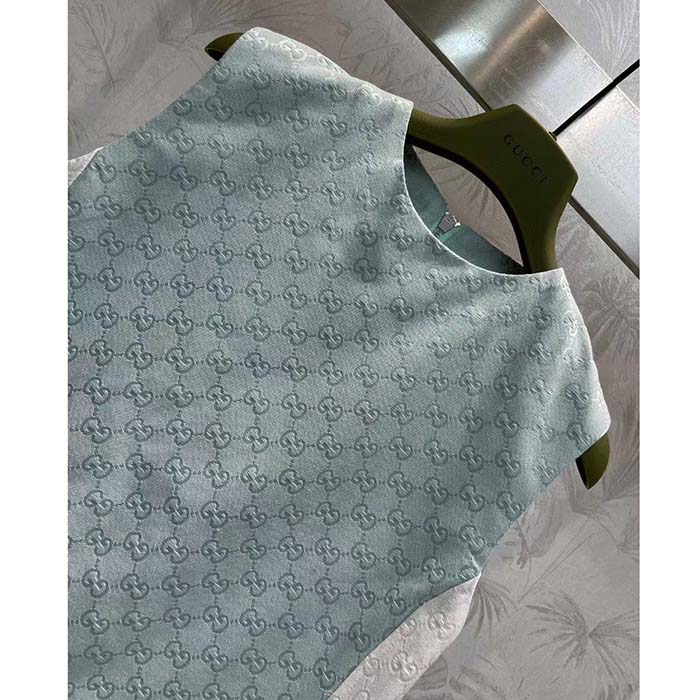 Gucci Women Reversible GG Canvas Dress Pale Blue Unlined Crewneck Sleeveless Two Front Pockets