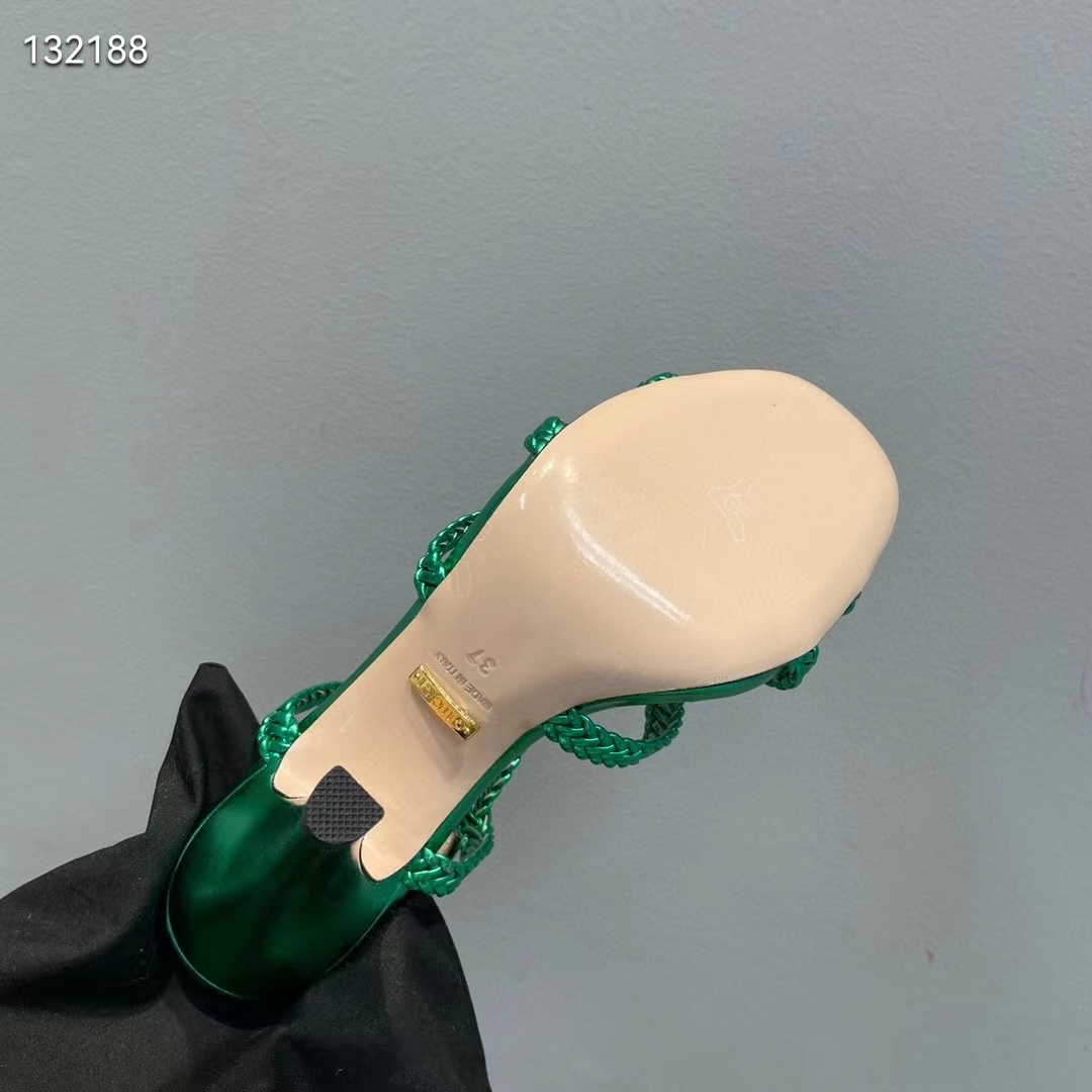 Gucci Women GG Cystal Interlocking G Sandal Green Metallic Braided High 9 CM Heel