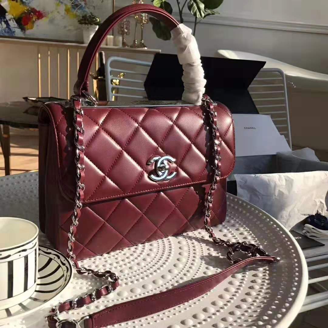 Chanel Women Small Flap Bag with Top Handle in Lambskin Leather-Maroon