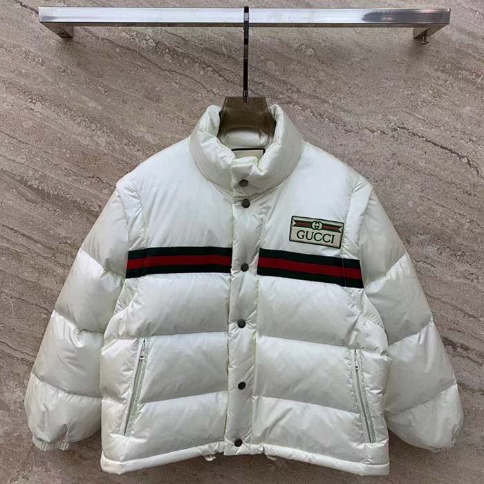 Gucci Men GG Padded Nylon Bomber Jacket Web White Goose Down Detachable Sleeves High Neck