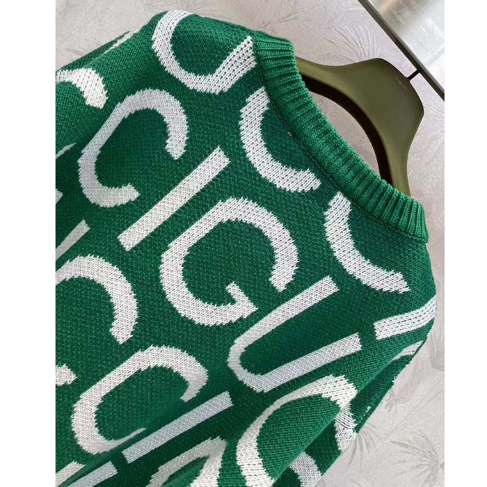 Gucci Women GG Wool Sweater Gucci Intarsia Green Crewneck Dropped Shoulder