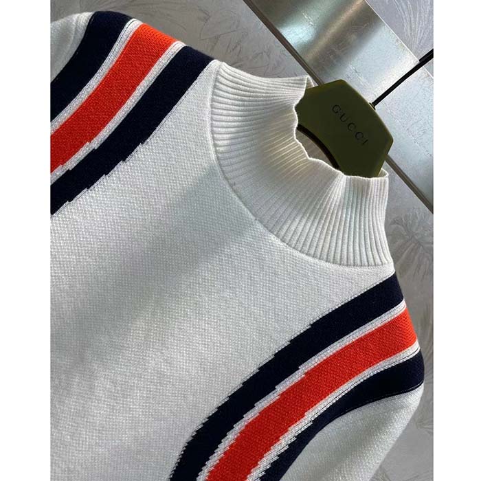 Gucci Women GG Viscose Knit Top Ivory High Neck Long Sleeves Cropped Length