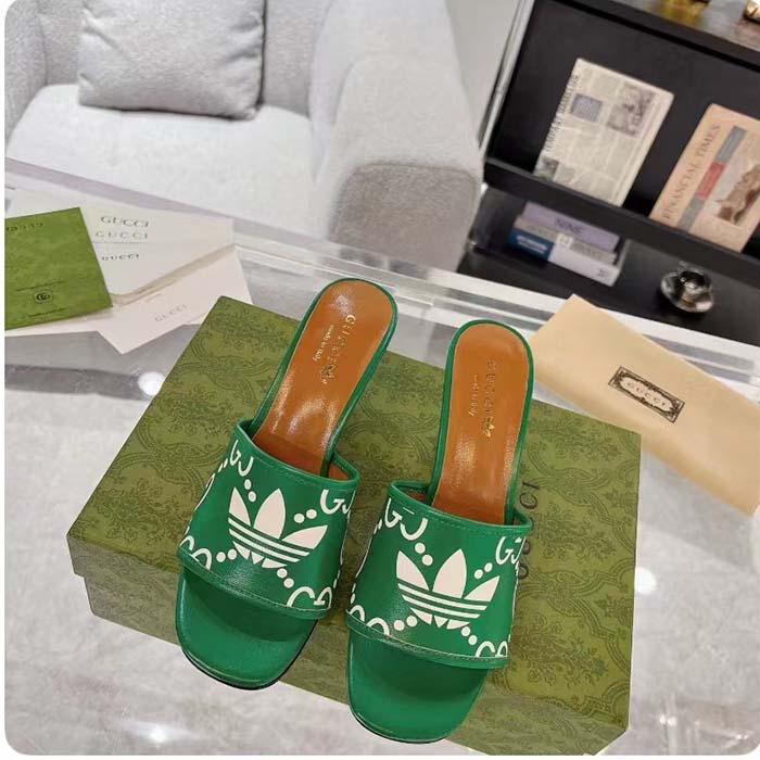 Gucci Women Adidas x Gucci Slide Sandal GG Trefoil Suede Green Leather