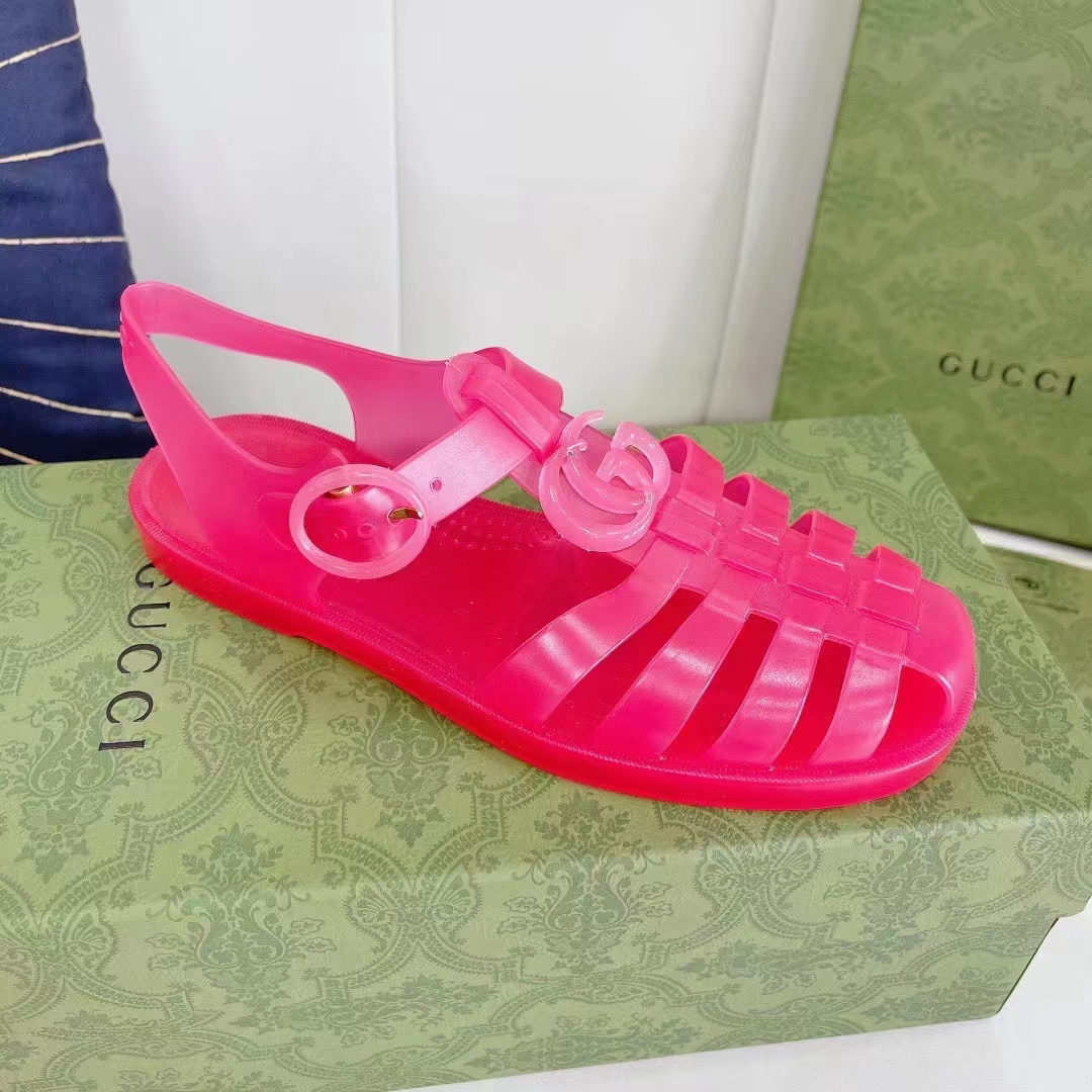 Gucci Unisex GG Sandal Double G Pink Transparent Rubber Sole Ankle Buckle Flat