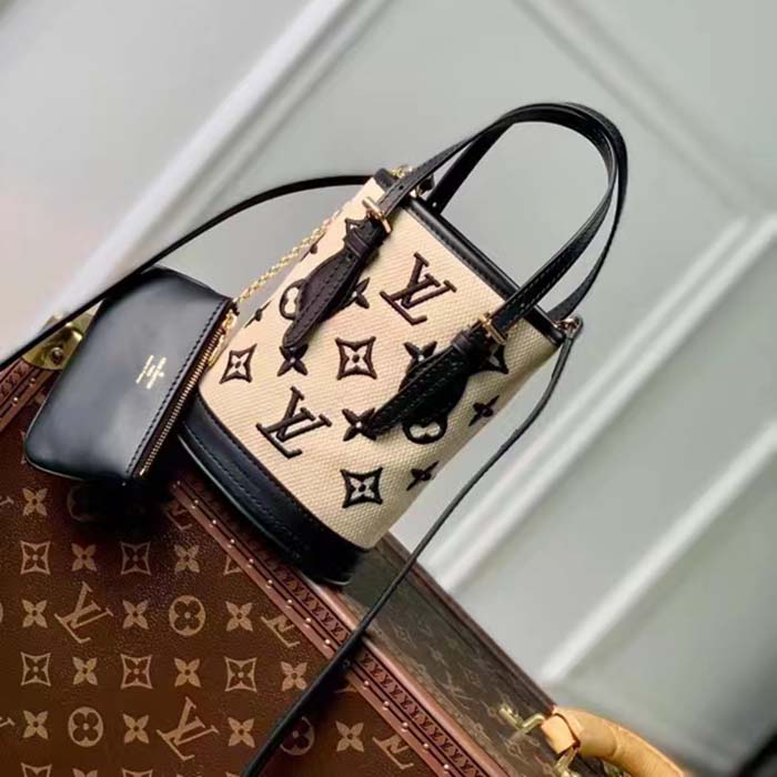 Louis Vuitton LV Unisex Nano Bucket Black Lotus Cotton Cowhide Leather