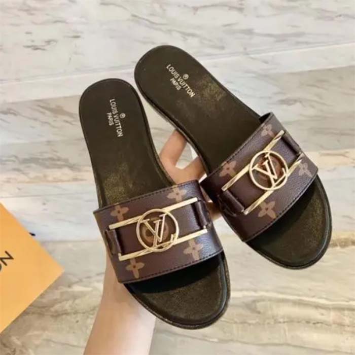 Louis Vuitton LV Women Lock It Flat Mule Brown Patent Monogram Canvas Leather