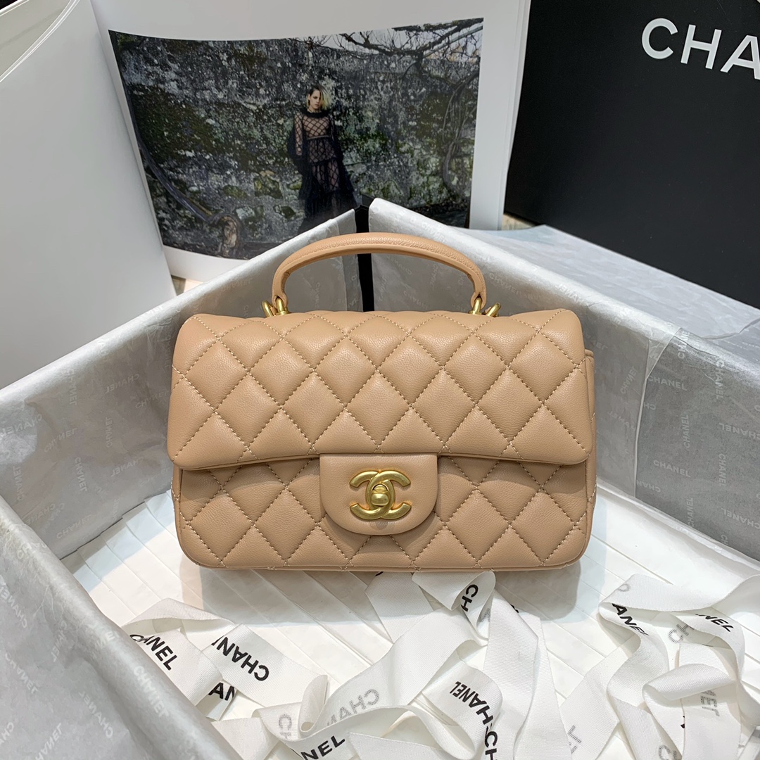 Chanel Women Mini Flap Bag with Top Handle Grained Calfskin Gold-Tone Metal Sandy