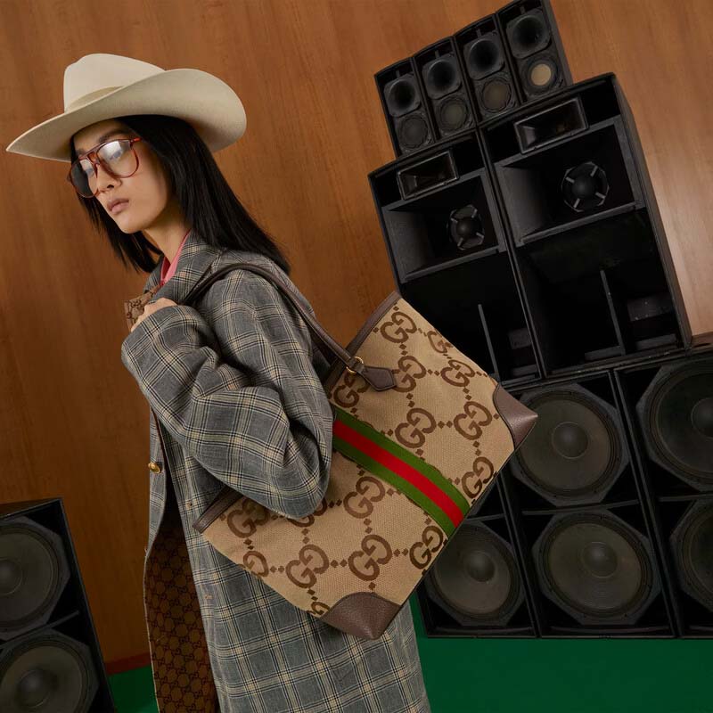 Gucci Unisex Ophidia Jumbo GG Medium Tote Camel Ebony Canvas Double G