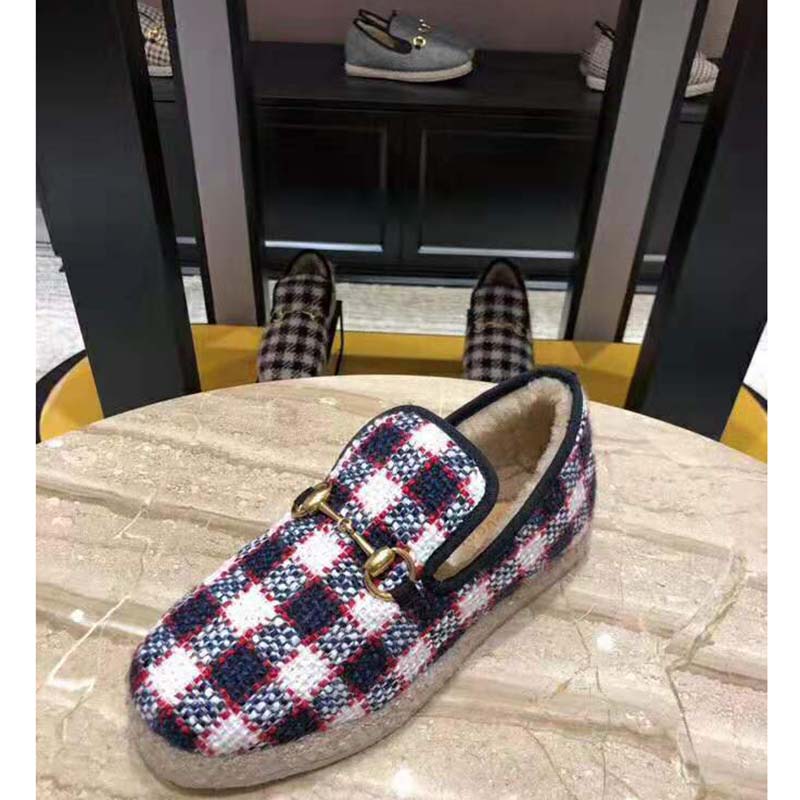 Gucci Unisex GG Check Tweed Loafer in Blue White and Red Check Tweed