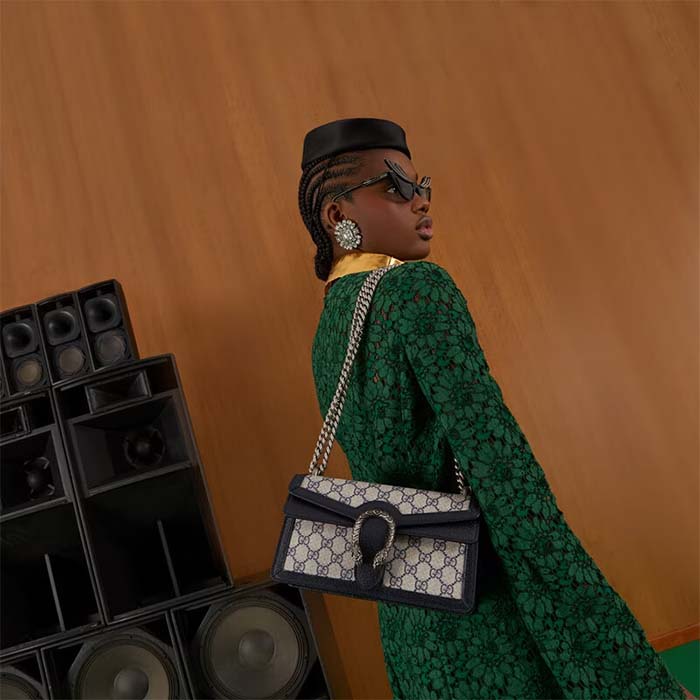 Gucci Women Dionysus GG Small Shoulder Bag Beige Blue Supreme Canvas