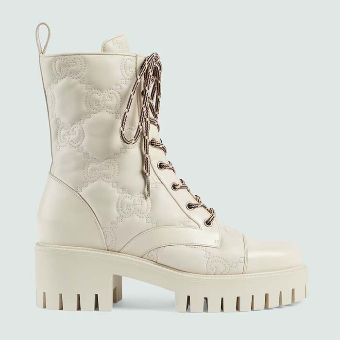 Gucci Women’s Matelassé Lace-Up Boot Off White GG Matelassé Leather Low-Heel
