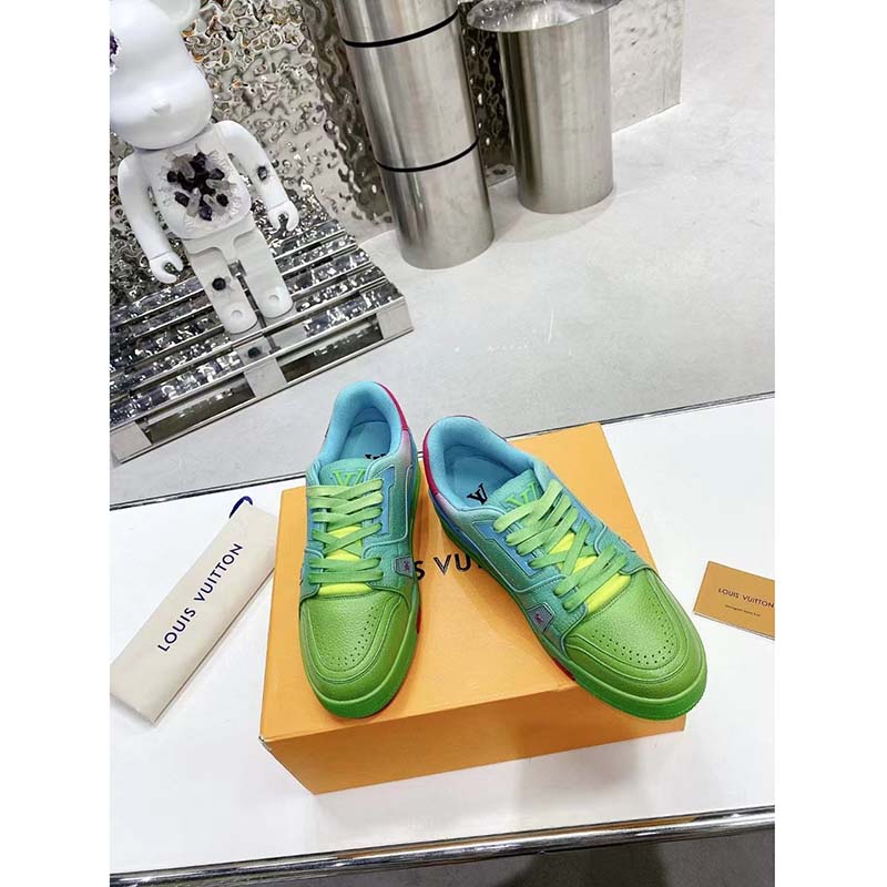 Louis Vuitton Unisex LV Trainer Sneaker Green Grained Calf Leather Rubber Monogram Flowers