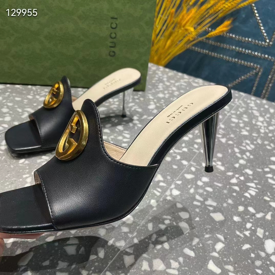 Gucci Women GG Blondie Slide Sandal Black Leather Metallic Mid Heel 6.6 Cm Heel