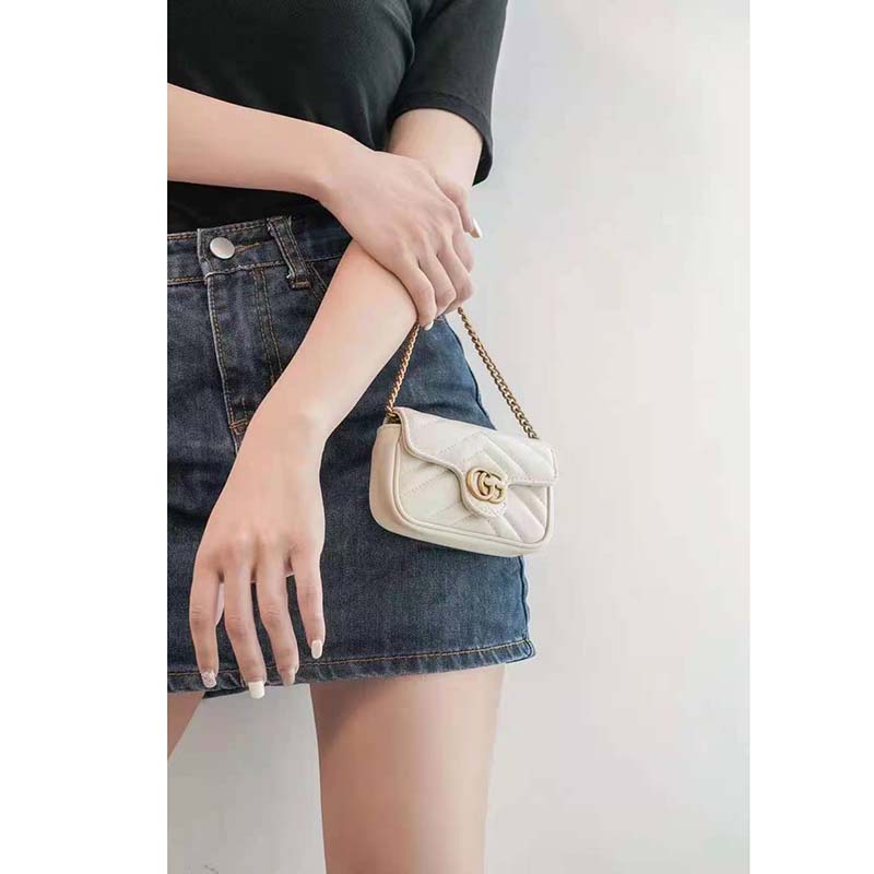 Gucci GG Women GG Marmont Matelassé Leather Super Mini Bag White Matelassé Chevron