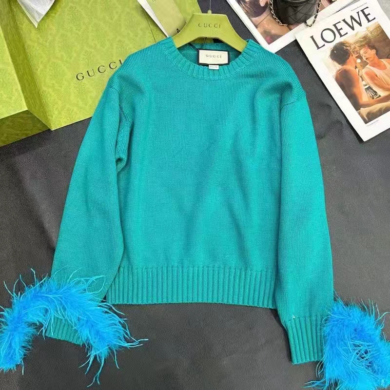 Gucci GG Women Detachable Feathers Wool Sweater Double G Embroidery Crewneck