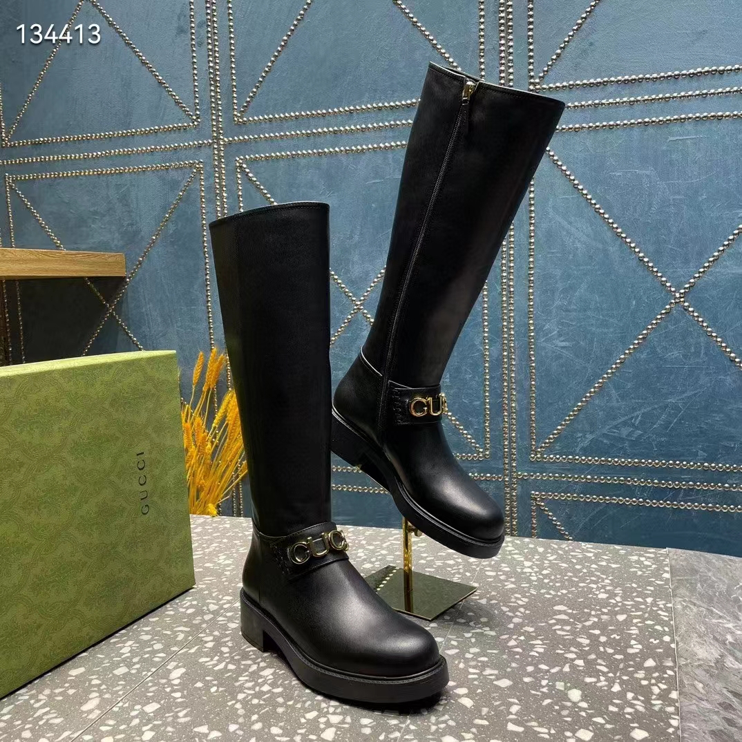 Gucci Women GG Gucci Boot Black Leather Rubber Sole Side Zip Closure Flat 2.3 CM Heel