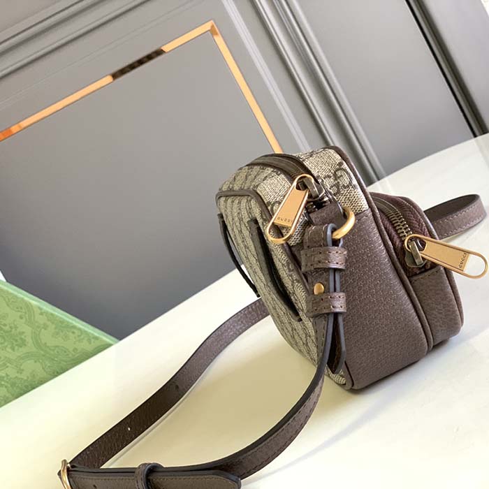 Gucci Unisex Ophidia Mini Bag Beige Ebony GG Supreme Canvas Brown Leather