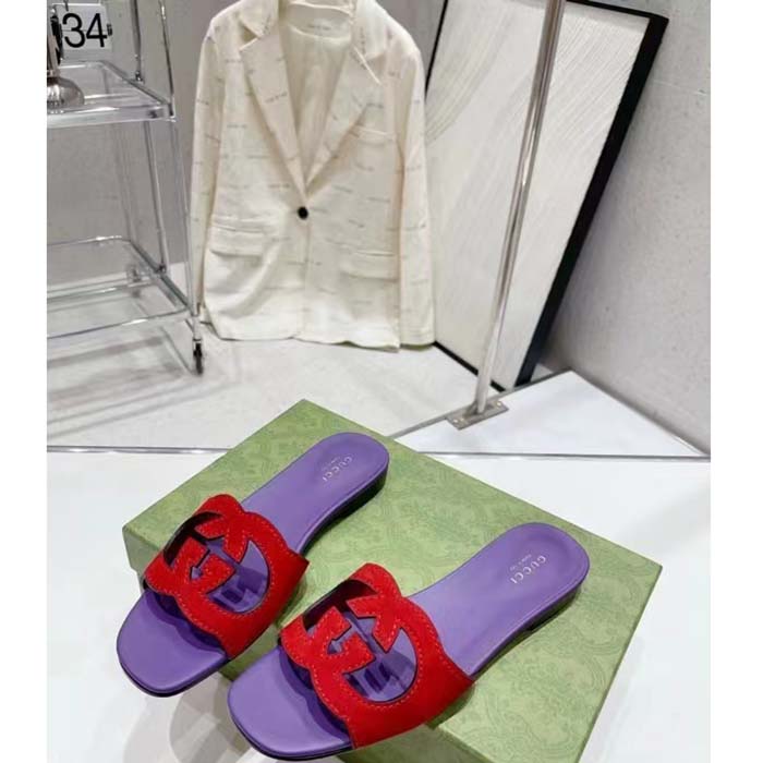 Gucci Unisex Interlocking G Cut-Out Slide Sandal Red Purple Suede Flat