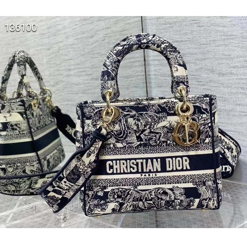 Dior Women Medium Lady D-Lite Bag Navy Blue Toile de Jouy Stripes Embroidery