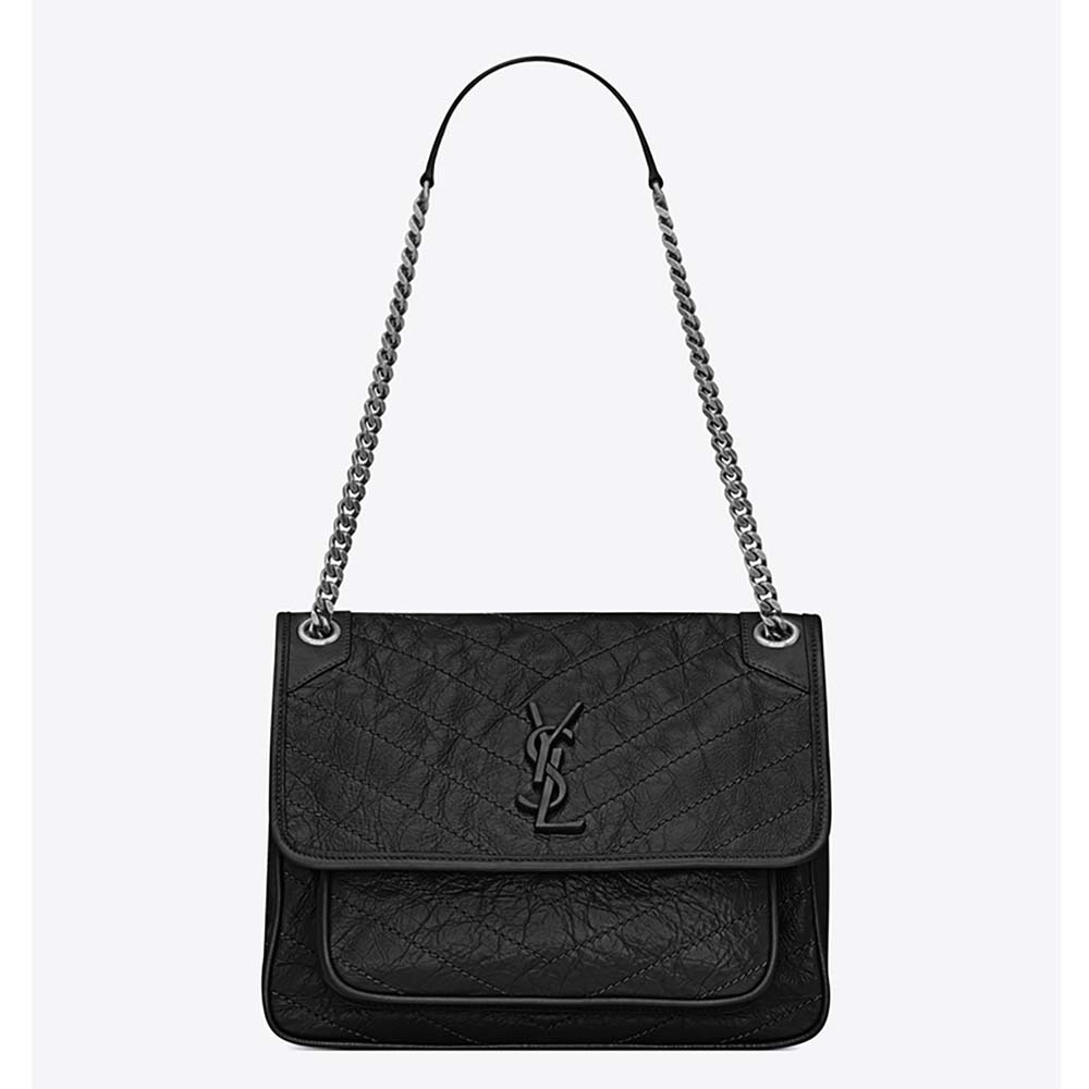 Saint Laurent YSL Women Medium Niki Chain Crinkled Quilted Fog