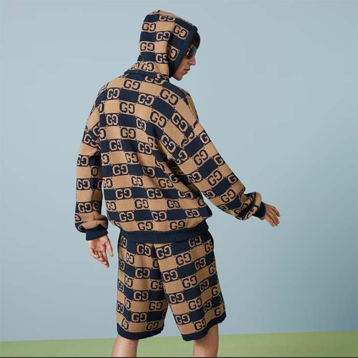 Gucci Men GG Cotton Jacquard Hooded Sweater Beige Dark Blue Dropped Shoulder Kangaroo Pocket