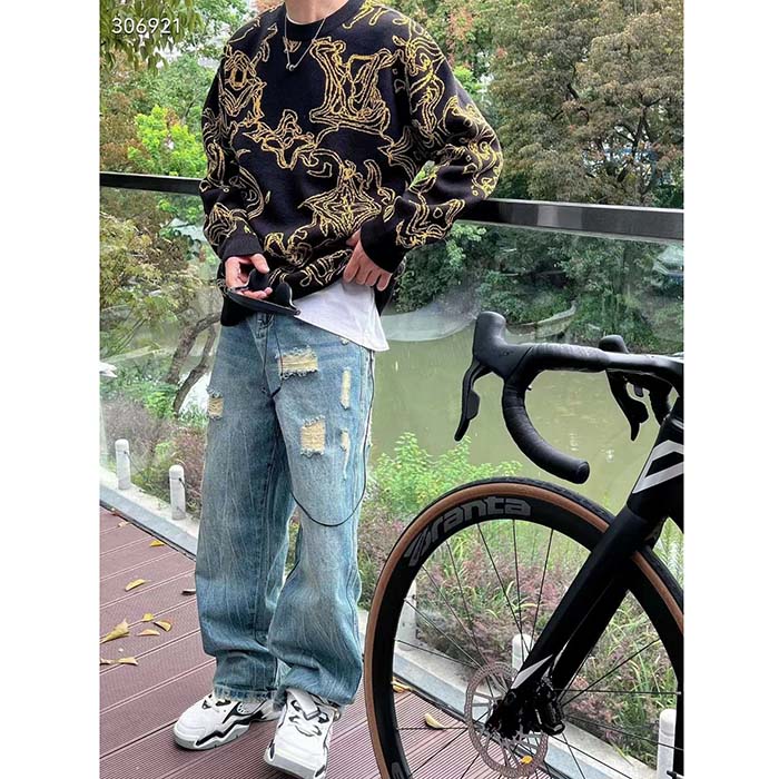 Louis Vuitton Men Monogram Cotton Crewneck Regular Fit Wavy Monogram Jacquard Black