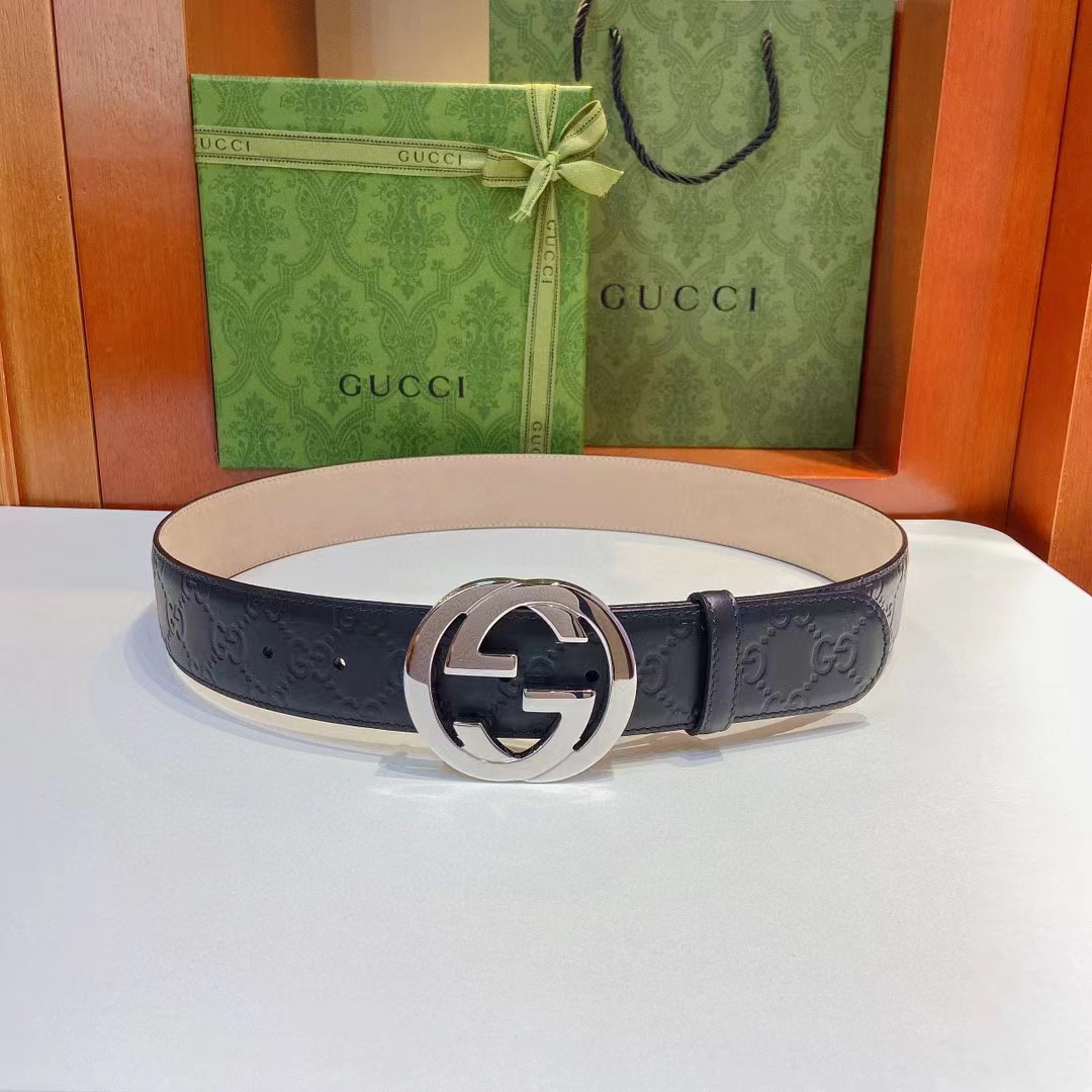 Gucci GG Unisex Signature Leather Belt Black Interlocking G Buckle 3.8 CM Width