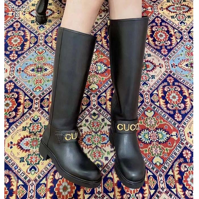Gucci Women GG Gucci Boot Black Leather Rubber Sole Side Zip Closure Flat 2.3 CM Heel