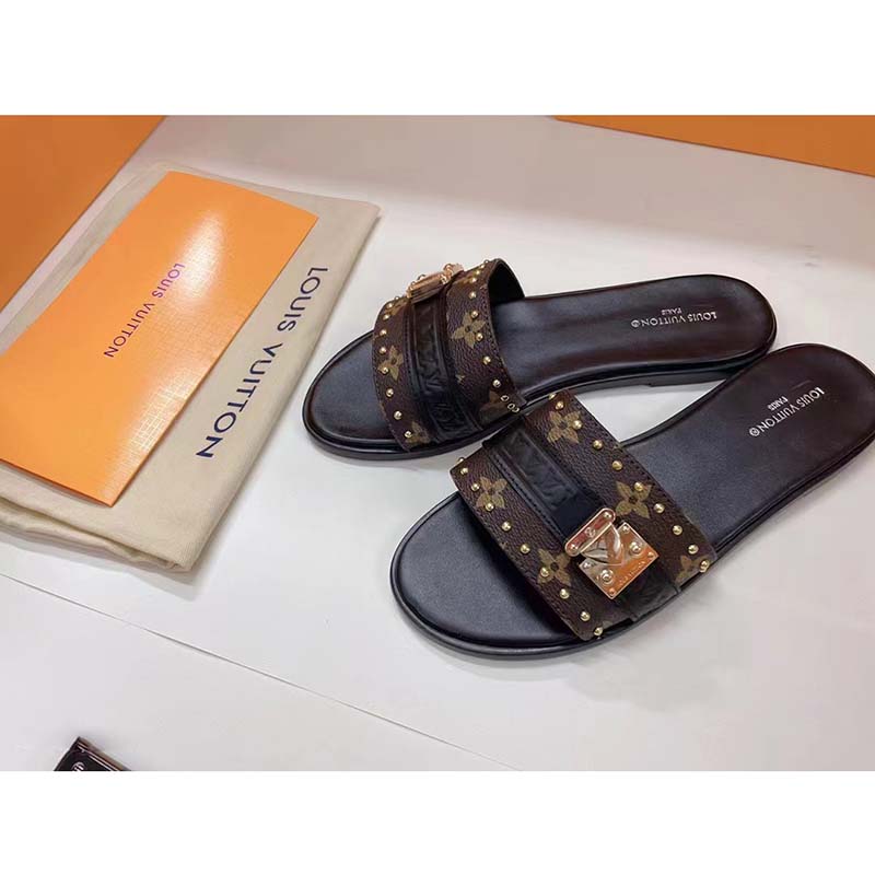 Louis Vuitton LV Women Lock It Flat Mule Black Patent Monogram Canvas