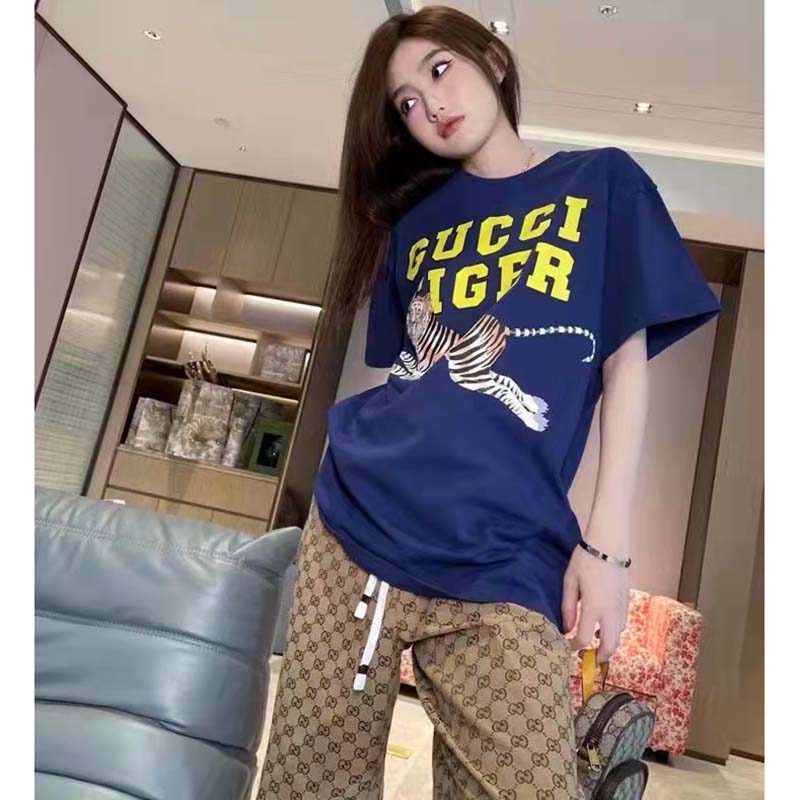 Gucci GG Women Gucci Tiger Cotton T-Shirt Blue Cotton Jersey Crewneck