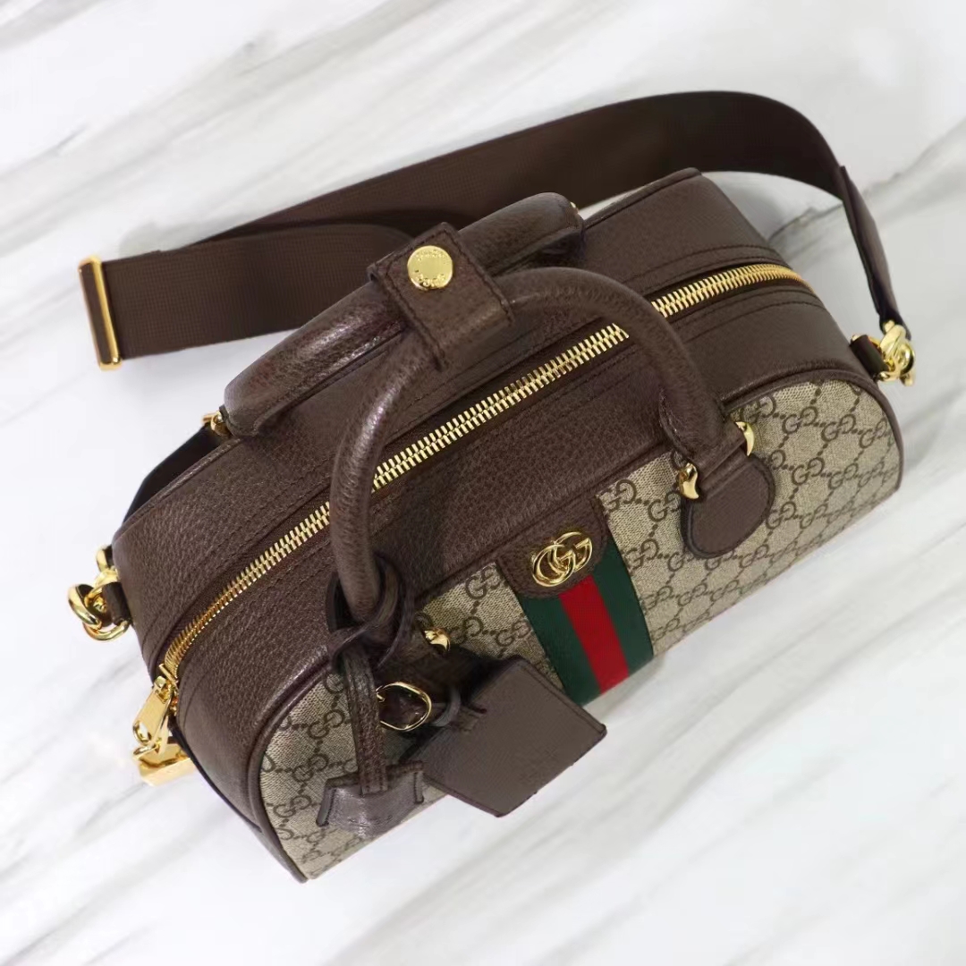 Gucci GG Unisex Savoy Medium Bowling Bag Beige Ebony GG Supreme Canvas Double G