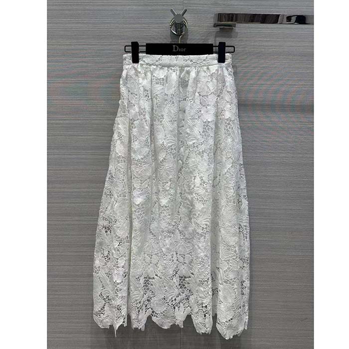 Dior Women CD Flared Mid-Length Skirt Ecru Technical Cotton Lace Allover Butterfly Motif